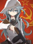  bangs black_sailor_collar blue_eyes blue_hair closed_mouth collarbone eyebrows_visible_through_hair gun hair_between_eyes hammer_and_sickle hat hibiki_(kantai_collection) holding holding_gun holding_weapon kantai_collection long_hair long_sleeves nel-c ppsh-41 sailor_collar shirt sideways_hat solo star submachine_gun trigger_discipline verniy_(kantai_collection) very_long_hair weapon white_hat white_shirt 