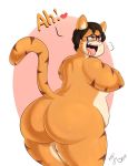  2018 anthro balls belly big_butt blush body_hair brown_eyes brown_hair butt crackersmilk digital_media_(artwork) eyewear feline fur glasses hair hi_res looking_at_viewer male mammal nude open_mouth overweight remmy_(cuiflame97) simple_background slightly_chubby smile solo thick_thighs tiger 