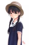  aoi_kumiko arms_at_sides bangs black_shirt blush braid brown_eyes brown_hat closed_mouth commentary_request fedora hair_tie hat highres long_hair looking_at_viewer original pink_lips sailor_collar shirt short_sleeves signature simple_background smile solo twin_braids upper_body white_background white_sailor_collar 