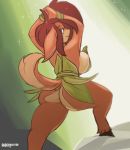  2018 anthro arm_wraps bagelcollector big_breasts bottomless breasts butt cervine clothed clothing digital_media_(artwork) elora female fur green_eyes hair hooves humanoid_hands looking_at_viewer mammal raised_tail side_boob simple_background smile solo spyro_the_dragon standing stretching thick_thighs video_games wraps 