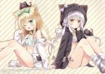  :3 ;o absurdres animal animal_ears animal_hood animal_on_head bangs bell bell_choker black_cat black_choker black_jacket blonde_hair blue_bra blue_panties blush bow bra cat cat_ears cat_girl cat_hood cat_on_head cat_tail choker cinderella_bust commentary_request diagonal-striped_background diagonal_stripes eyebrows_visible_through_hair fang feet_out_of_frame frilled_bra frilled_panties frills green_bow green_eyes grey_bow hair_bow hair_ornament hairclip halter_top halterneck hand_to_own_mouth head_tilt highres hood hood_down hood_up hooded_jacket hoshi_(snacherubi) huge_filesize interlocked_fingers intertwined_tails jacket jingle_bell long_sleeves loose_socks low_twintails multiple_girls no_pants off_shoulder on_head one_eye_closed open_clothes open_jacket open_mouth original panties parted_lips purple_bow purple_bra purple_panties side-tie_panties sidelocks silver_hair sitting sleeves_past_wrists socks striped striped_background striped_legwear tail tsurime twintails underwear white_bow white_cat white_choker white_jacket yellow_eyes 