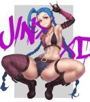  1girl ankle_boots bandaid bandaid_on_knee bikini_top blue_hair boots braid breasts bullet eyeshadow jinx_(league_of_legends) js_(wlstjd9595) league_of_legends lips long_hair makeup micro_shorts pink_eyes purple_legwear shorts single_thighhigh small_breasts solo tattoo thigh_strap thighhighs twin_braids very_long_hair 