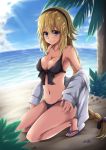  beach bikini black_bikini black_bow black_hairband black_scrunchie blonde_hair blue_eyes blue_sky blush bow braid breasts cleavage clothes_down cloud collarbone day eyebrows_visible_through_hair fate/grand_order fate_(series) front-tie_bikini front-tie_top full_body grey_jacket hair_between_eyes hair_ornament hair_scrunchie hairband highres ippachi jacket jeanne_d'arc_(fate)_(all) jeanne_d'arc_(swimsuit_archer) kneeling long_hair looking_at_viewer medium_breasts ocean open_clothes open_jacket outdoors palm_tree scrunchie single_braid sky smile solo sunlight swimsuit tree very_long_hair 