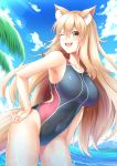  :d animal_ear_fluff animal_ears arm_at_side bare_arms blonde_hair blue_sky breasts cloud commentary_request competition_swimsuit covered_navel day eyebrows_visible_through_hair eyes_visible_through_hair fangs fate/grand_order fate_(series) fox_ears hair_between_eyes hand_on_hip highres large_breasts leaning_forward legs_apart long_hair looking_at_viewer ocean one-piece_swimsuit open_mouth outdoors palm_tree sky smile solo standing sunlight suzuka_gozen_(fate) swimsuit tree very_long_hair water wet zuizhong 