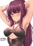  alternate_hairstyle armpits arms_behind_head bangs blush braid breasts character_name closed_mouth collarbone commentary_request crown_braid eyebrows_visible_through_hair girls_frontline highres large_breasts long_hair looking_at_viewer one-piece_swimsuit ponytail purple_hair red_eyes sam_(metalibon) simple_background solo sweat swimsuit tan tsurime underboob_cutout upper_body very_long_hair wa2000_(girls_frontline) white_background 