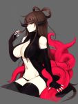  bare_shoulders black_legwear black_panties breasts brown_eyes brown_hair closed_mouth commentary elbow_gloves english_commentary fingerless_gloves gloves grey_background horns large_breasts long_hair navel original pale_skin panties shukumei_(teru_(renkyu)) simple_background sitting solo tentacles terupancake thighhighs underwear 