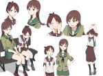  adapted_costume bangs bench black_legwear black_ribbon blush brown_eyes brown_hair brown_sailor_collar brown_skirt cheek_press commentary_request full_body green_sailor_collar green_serafuku green_skirt hair_ribbon hand_on_hip hands_on_another's_face highres kantai_collection kneehighs long_hair long_skirt looking_at_viewer mikiki multiple_girls multiple_views neckerchief ooi_(kantai_collection) pleated_skirt ponytail ribbon sailor_collar school_uniform serafuku shikinami_(kantai_collection) short_hair short_ponytail short_sleeves simple_background sitting sitting_on_bench skirt standing stretch white_background 