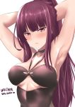  alternate_hairstyle armpits arms_behind_head bangs blush braid breasts character_name closed_mouth collarbone crown_braid eyebrows_visible_through_hair girls_frontline highres large_breasts long_hair looking_at_viewer one-piece_swimsuit ponytail purple_hair red_eyes sam_(metalibon) simple_background solo sweat swimsuit tsurime underboob_cutout upper_body very_long_hair wa2000_(girls_frontline) white_background 