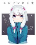  blue_eyes blue_jacket blush bow closed_mouth copyright_name doodle eromanga_sensei eyebrows_visible_through_hair hair_bow izumi_sagiri jacket long_hair looking_at_viewer pink_bow solo terupancake upper_body white_hair 