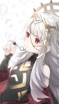  bubble bubble_blowing cleavage_cutout commentary_request crown detached_sleeves fire_emblem fire_emblem_heroes grey_hair hair_ornament highres long_hair parted_lips red_eyes ringozaka_mariko simple_background solo veronica_(fire_emblem) white_background 