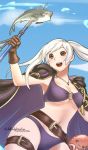  artist_name belt bikini blue_sky breasts brown_eyes brown_gloves cleavage cloud commentary day english_commentary female_my_unit_(fire_emblem:_kakusei) fire_emblem fire_emblem:_kakusei fire_emblem_heroes fish gloves hillaryravenian holding_polearm my_unit_(fire_emblem:_kakusei) o-ring o-ring_bikini octopus open_mouth polearm sky solo swimsuit thigh_strap twintails twitter_username weapon white_hair 
