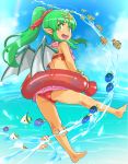  :d ass bangs bare_legs bare_shoulders barefoot blue_sky bracelet chiki cloud clownfish day dragon_wings eyebrows_visible_through_hair fire_emblem fire_emblem:_monshou_no_nazo fire_emblem_heroes fish full_body green_eyes green_hair hair_between_eyes highres jewelry mamkute open_mouth outdoors pointy_ears ponytail round_teeth sidelocks sky smile solo swimsuit teeth tiara water white_wings wings yukichiko 