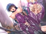  1girl ass blush breasts buildings censored clitoris_piercing cum cum_in_pussy cum_on_clothes erect_nipples exhibitionism game_cg igawa_asagi kagami_hirotaka large_breasts leash long_hair nipple_piercing open_mouth people piercing public pussy sweat taimanin_(series) taimanin_asagi taimanin_asagi_zero tally_marks tongue_piercing torn_clothes vaginal wet 