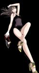  alternate_hairstyle arm_up bare_legs bare_shoulders black_background black_hair black_swimsuit breasts brown_eyes casual_one-piece_swimsuit commentary_request crossed_legs fingerless_gloves gloves gold_footwear headwear_removed high_heels highres leg_up long_hair long_legs looking_at_viewer meleph_(xenoblade) misu_kasumi navel one-piece_swimsuit simple_background small_breasts swimsuit twitter_username visor white_gloves xenoblade_(series) xenoblade_2 