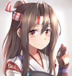  amco armor brown_gloves brown_hair closed_mouth commentary_request gloves gradient gradient_background hachimaki hair_between_eyes hair_ornament headband highres japanese_clothes kantai_collection long_hair looking_at_viewer muneate orange_eyes partly_fingerless_gloves smile solo zuihou_(kantai_collection) 