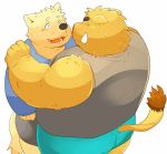  2017 anthro arufina_w boar butt canine clothing duo eyes_closed hug humanoid_hands male mammal overweight overweight_male porcine shirt simple_background white_background 