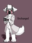  2018 ambiguous_gender anthro biped canine changed_(video_game) dr.k_(changed) english_text fchicken fluffy fur gas_mask looking_at_viewer mammal mask red_eyes text white_fur wolf 