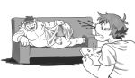  analon analon_(artist) analon_(character) anthro balls blood bowser duo flaccid greyscale male mario_bros monochrome nintendo nosebleed nude penis pose simple_background sofa video_games white_background 