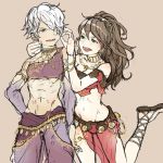  1girl abs angry bracelet brown_hair circlet dancer hair_over_one_eye highres jewelry long_hair muscle navel octopath_traveler ponytail primrose_azelhart rico_ot short_hair smile therion_(octopath_traveler) white_hair 