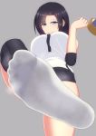  black_hair blue_eyes elbow_pads feet from_below grin gym_uniform highres j-kisarazu knee_pads no_shoes pov_feet smile socks soles steam white_footwear 