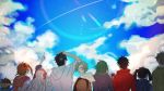  5boys amamiya_hibiya arms_behind_head black_hair blonde_hair blue_skirt brown_hair cellphone cloud colored_eyelashes commentary_request day enomoto_takane from_behind goodbye green_hair grey_hair hairband highres hood hoodie jacket jersey kagerou_project kano_shuuya kido_tsubomi kisaragi_momo kisaragi_shintarou kokonose_haruka kozakura_marry long_hair looking_at_viewer multiple_boys multiple_girls nekome3 orange_hair phone pointing seto_kousuke short_hair side_ponytail skirt sky smartphone summertime_record_(vocaloid) twintails white_hair yellow_eyes 