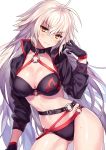  absurdres ahoge bikini black_bikini black_gloves black_jacket breasts choker cleavage closed_mouth commentary_request cowboy_shot eyebrows_visible_through_hair fate/grand_order fate_(series) gloves hair_between_eyes highres jacket jeanne_d'arc_(alter_swimsuit_berserker) jeanne_d'arc_(fate)_(all) large_breasts long_hair looking_at_viewer o-ring shrug_(clothing) solo swimsuit thigh_strap user_fvsd2278 white_background yellow_eyes 