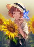  blurry blurry_background brown_eyes brown_hair bug butterfly floral_background flower hat highres insect lee_hyeseung lips mole mole_under_eye original short_hair smile solo sun_hat sunflower 