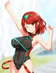  arm_up black_swimsuit blush breasts clenched_hand closed_mouth commentary_request covered_navel covered_nipples earrings eyebrows_visible_through_hair highres homura_(xenoblade_2) jewelry large_breasts looking_at_viewer one-piece_swimsuit one_eye_closed outdoors red_eyes red_hair short_hair smile solo swimsuit tiara xenoblade_(series) xenoblade_2 zaxwu 