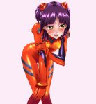  :3 absurdres alternate_hairstyle bangs bent_over blunt_bangs blush bodysuit bracer breasts cat_girl commentary cosplay embarrassed eyebrows_visible_through_hair fangs feet_out_of_frame gegege_no_kitarou green_eyes hand_on_own_knee headgear highres holding_arm lavender_background legs_together looking_away medium_hair nagare_seiya nekomusume nekomusume_(gegege_no_kitarou_6) neon_genesis_evangelion open_mouth parted_bangs pilot_suit plugsuit pointy_ears purple_hair raised_eyebrows red_bodysuit shiny shiny_clothes shiny_hair short_pointy_ears sideways_glance simple_background skinny slit_pupils small_breasts solo souryuu_asuka_langley souryuu_asuka_langley_(cosplay) standing straight_hair thigh_gap turtleneck two_side_up 