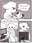  2018 anthro camera canine comic computer dr.k_(changed) english_text fchicken fluffy fur male mammal monster red_eyes solo standing text thought_bubble white_fur wolf 