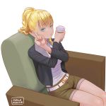  absurdres asobi_asobase bangs belt blonde_hair blue_eyes breasts carlo_montie closed_mouth coffee couch dutch_angle highres jacket long_sleeves looking_at_viewer medium_breasts olivia_(asobi_asobase) ponytail shirt shorts signature solo v white_background 