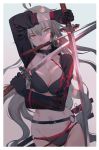  ahoge belt bikini black_bikini black_choker black_gloves black_jacket breasts choker cleavage commentary_request fate/grand_order fate_(series) gloves grey_hair holding holding_sword holding_weapon jacket jeanne_d'arc_(alter_swimsuit_berserker) jeanne_d'arc_(fate)_(all) katana long_hair looking_at_viewer mouth_hold o-ring o-ring_bikini orange_eyes salmon88 shrug_(clothing) solo swimsuit sword very_long_hair weapon 