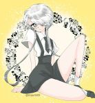  androgynous crystal_hair gem_uniform_(houseki_no_kuni) ghost_quartz_(houseki_no_kuni) grey_eyes hair_over_one_eye houseki_no_kuni looking_at_viewer necktie noyuri_(noyuri222) short_hair_with_long_locks silver_eyes silver_hair sitting smile solo sparkle suspenders white_hair yellow_background 