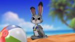  3d_(artwork) anthro badge beach bikini claws clothed clothing digital_media_(artwork) disney female fur judy_hopps lagomorph mammal rabbit seaside swimsuit thirteeenth tongue tongue_out wallpaper zootopia 