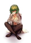  bangs breasts brown_legwear chin_rest commentary covering covering_breasts crotch_seam full_body green_hair hair_between_eyes hand_up highres indian_style kazami_yuuka kikimifukuri knees_up large_breasts lips long_sleeves navel no_pants no_shoes open_clothes open_shirt panties panties_under_pantyhose pantyhose red_eyes red_vest shadow shiny shiny_skin shirt short_hair simple_background sitting solo stomach thighs touhou underwear vest white_background white_shirt wing_collar 