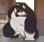  2018 anthro belly bent_over black_fur black_nose blush brown_fur canine digital_drawing_(artwork) digital_media_(artwork) dog flaccid foreskin fur half-closed_eyes hi_res humanoid_penis lube male mammal navel nipples nude obese overweight overweight_male penis quanjiang shiba_inu slightly_chubby solo uncut white_fur 犬酱 