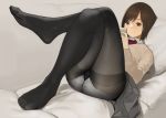  black_legwear brown_eyes brown_hair commentary couch crossed_legs feet highres lace lace-trimmed_panties lying no_shoes original panties pantyhose pantyshot pantyshot_(lying) phone school_uniform sweater thighband_pantyhose toes underwear white_panties yomu_(sgt_epper) 