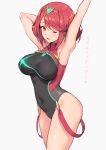  ;o arm_up armpits bangs black_swimsuit blush breasts covered_navel cowboy_shot eyebrows_visible_through_hair grey_background hairband haoni homura_(xenoblade_2) large_breasts looking_at_viewer one-piece_swimsuit one_eye_closed red_eyes red_hair short_hair sidelocks simple_background solo stretch swept_bangs swimsuit taut_clothes taut_swimsuit teardrop translated wet xenoblade_(series) xenoblade_2 