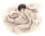  10s 2boys abs anal ass back bakugou_katsuki bara belt blonde_hair blush boku_no_hero_academia bottomless legs_apart legs_held_open male male_focus multiple_boys muscle nipples nude pecs sex shirtless syblatortue tagme teeth thrusting topless wince yaoi 