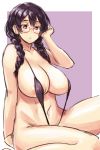  adjusting_hair areola_slip areolae arm_support arm_up bangs braid breasts collarbone glasses highres large_breasts long_hair looking_at_viewer navel original outside_border parted_lips purple_background purple_hair purple_swimsuit red-framed_eyewear red_eyes sitting sketch slingshot_swimsuit solo swimsuit takamura_wamu twin_braids two-tone_background white_background 