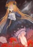 abigail_williams_(fate/grand_order) akira0171 bangs black_bow black_dress black_hat blonde_hair bloomers blue_eyes bow cloud cloudy_sky commentary dress fate/grand_order fate_(series) field flower flower_field forehead frilled_sleeves frills hair_bow hat holding holding_stuffed_animal legs long_hair looking_at_viewer one_eye_closed orange_bow parted_bangs polka_dot polka_dot_bow puffy_sleeves sky sleeves_past_fingers sleeves_past_wrists solo stuffed_animal stuffed_toy teddy_bear underwear very_long_hair white_bloomers 