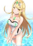  blonde_hair blush breasts choker cleavage closed_mouth collarbone earrings eyebrows_visible_through_hair highres hikari_(xenoblade_2) jewelry leg_garter long_hair looking_at_viewer medium_breasts ojun one-piece_swimsuit smile solo standing striped swimsuit tiara vertical-striped_swimsuit vertical_stripes wading water white_choker white_swimsuit xenoblade_(series) xenoblade_2 yellow_eyes 