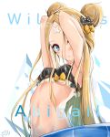  abigail_williams_(fate/grand_order) absurdres alternate_hairstyle armpits arms_behind_head arms_up bangs bare_shoulders bikini black_bikini black_bow blonde_hair blue_eyes blush bow breasts character_name commentary double_bun emerald_float fate/grand_order fate_(series) forehead frilled_bikini frills hair_bow highres hiroshi_sumi innertube long_hair looking_at_viewer navel orange_bow parted_bangs polka_dot polka_dot_bow simple_background small_breasts solo swimsuit very_long_hair white_background 