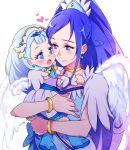  age_difference angel_wings blue_eyes blue_hair blush bracelet carrying cheek-to-cheek child choker closed_mouth commentary_request cure_ange cure_diamond dokidoki!_precure earrings eye_contact hishikawa_rikka hugtto!_precure jewelry long_hair looking_at_another magical_girl multiple_girls negom open_mouth ponytail precure simple_background smile tiara white_background wings yakushiji_saaya younger 