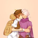  1girl bag blush brown_hair cloak closed_eyes fringe_trim hair_over_one_eye hat kiss mella octopath_traveler poncho scarf short_hair smile therion_(octopath_traveler) tressa_(octopath_traveler) white_hair 