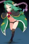  ass_visible_through_thighs bangs belt belt_buckle between_fingers black_belt black_footwear blush boots bow breasts buckle card chain commentary_request criminal_girls eyebrows_visible_through_hair full_body green_coat green_eyes green_hair groin highres holding holding_card knee_boots leaning_forward long_hair long_sleeves looking_at_viewer navel night night_sky panties parted_bangs parted_lips purple_panties rai_(sakuranbo_sugar) red_bow shin_(criminal_girls) sky sleeves_past_wrists small_breasts solo standing standing_on_one_leg star_(sky) starry_sky underwear 