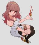  black_legwear celica_(fire_emblem) closed_mouth commentary_request dress fire fire_emblem fire_emblem_echoes:_mou_hitori_no_eiyuuou grey_background hair_ornament hairband high_heels highres itou_(very_ito) long_hair red_eyes red_hair simple_background smile solo thighhighs zettai_ryouiki 