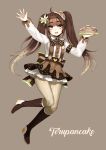  :d ahoge artist_self-insert blue_eyes boots bow bowtie brown_background brown_footwear brown_hair brown_neckwear brown_skirt collared_shirt commentary english_commentary eyebrows_visible_through_hair flower food full_body gradient_hair grey_legwear hair_ornament hand_up holding jumping long_hair long_sleeves looking_at_viewer multicolored_hair open_mouth original pancake pantyhose personification shirt simple_background skirt smile solo striped striped_legwear suspender_skirt suspenders terupancake tray twintails vertical-striped_legwear vertical_stripes white_flower wing_collar 