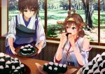  ahoge bare_shoulders blue_skirt brown_eyes brown_hair detached_sleeves double_bun eating food hakama_skirt headgear holding holding_food holding_tray indoors japanese_clothes kaga_(kantai_collection) kantai_collection kongou_(kantai_collection) konkito long_hair looking_at_another multiple_girls muneate nontraditional_miko onigiri purple_eyes remodel_(kantai_collection) side_ponytail sitting skirt table tasuki tray 