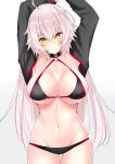  ahoge arms_up bangs bikini black_bikini black_choker black_jacket blush breasts choker cleavage closed_mouth collarbone cropped_jacket fate/grand_order fate_(series) hair_between_eyes highres hips jacket jeanne_d'arc_(alter_swimsuit_berserker) jeanne_d'arc_(fate)_(all) large_breasts long_hair looking_at_viewer navel o-ring o-ring_bikini sankakusui shrug_(clothing) silver_hair simple_background smile solo swimsuit very_long_hair white_background yellow_eyes 